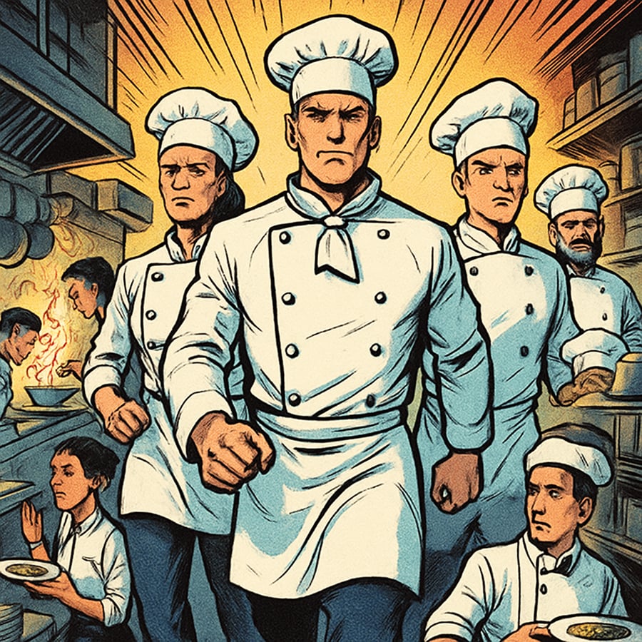 Expert chefs heroically walking in during busy hour-1