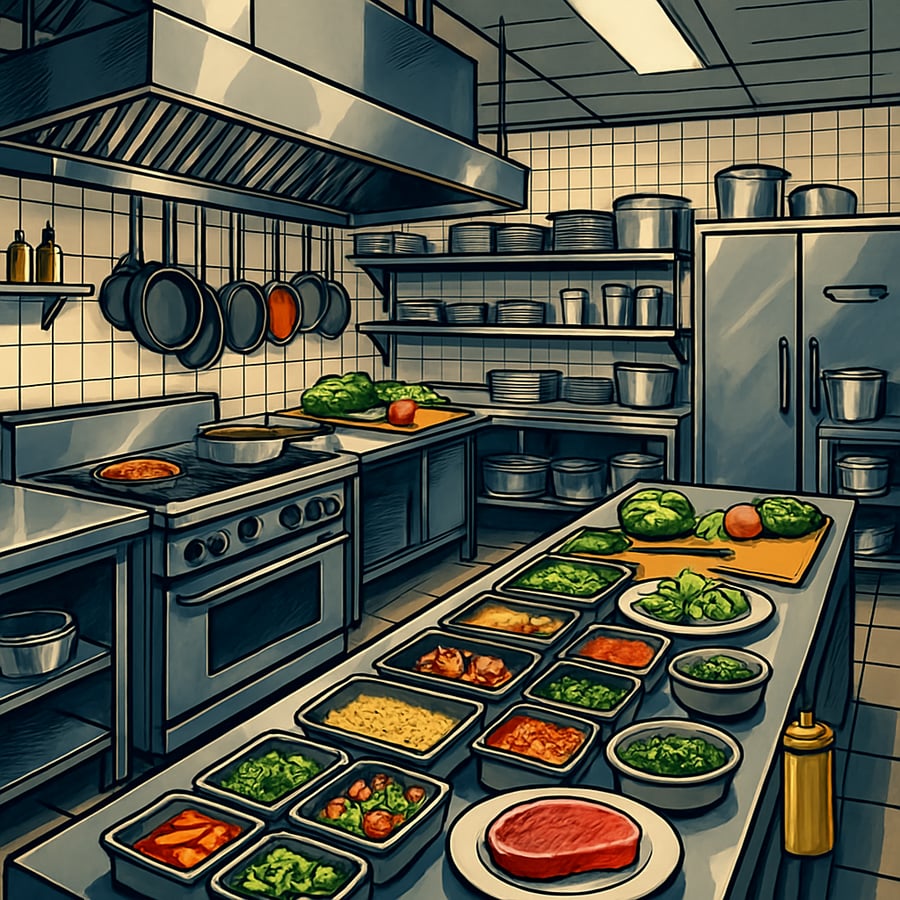 Fully stocked commerial restuarant kitchen clean and ready for operations include food already on the station Mise en place-1