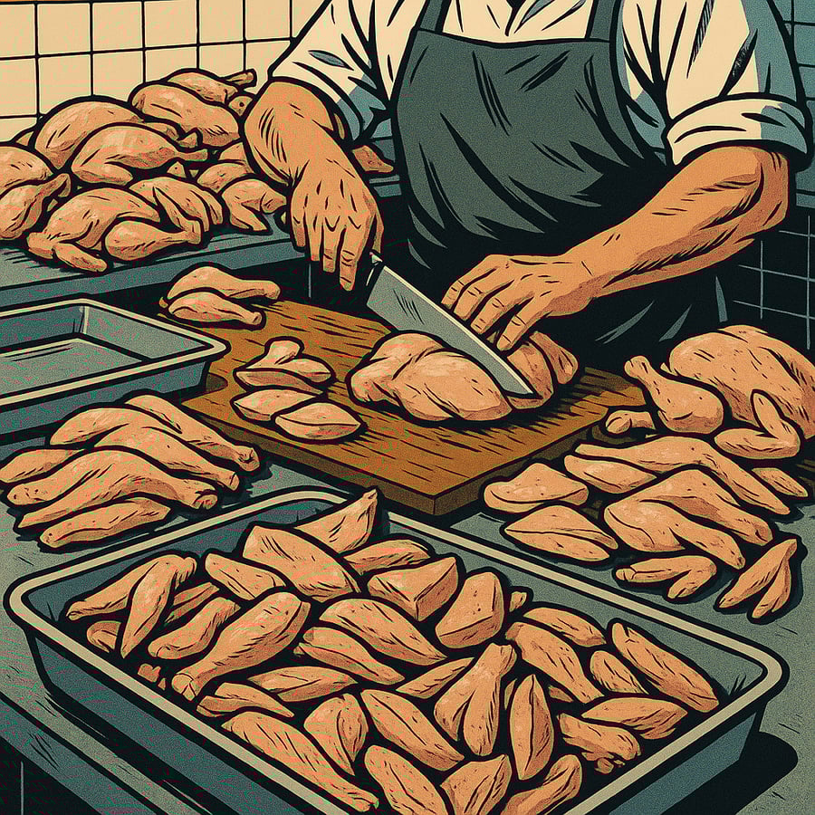 Large amount of chicken being cut and portioned