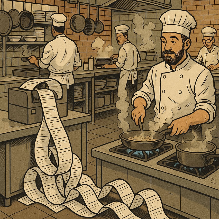 inside a busy restaurant kitchen a ticket order printing machine is has printed so many tickets it reaches the ground but chefs look calm-1