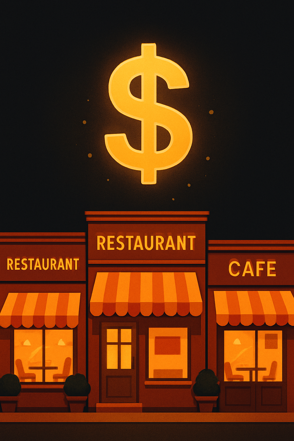 money sign above 3 restuarants in a way the restaurants seem successful dark background that contrast the orange background of the website-1